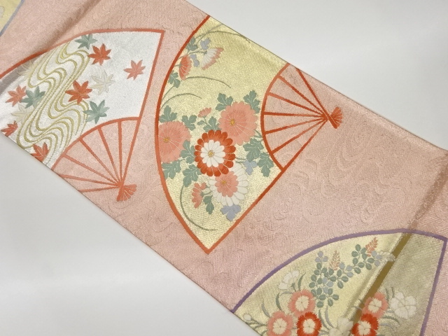 JAPANESE KIMONO / VINTAGE FUKURO OBI / WOVEN AUTUMN FLOWER & FOLDING FAN PATTERN